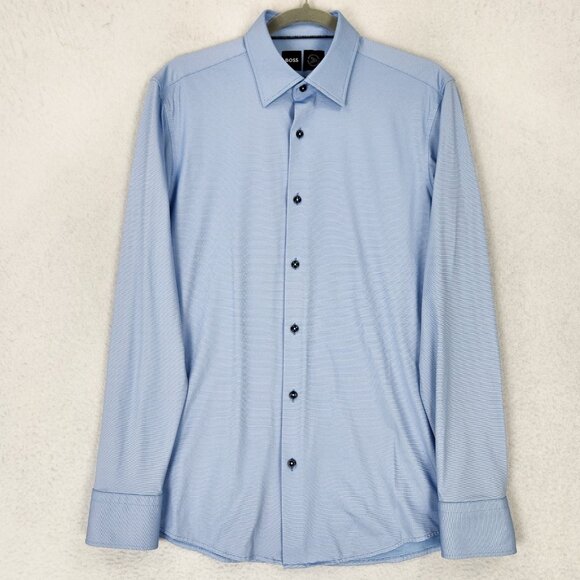 Hugo Boss Shirt Mens 39 Medium 15 1/2 Blue Performance Slim Fit Long Sleeve - Picture 1 of 13